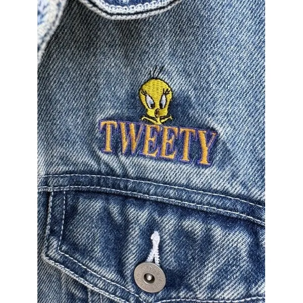 Vintage Looney Tunes Tweety Bird Denim Jacket XL Blue Embroidered Trucker - Image 3