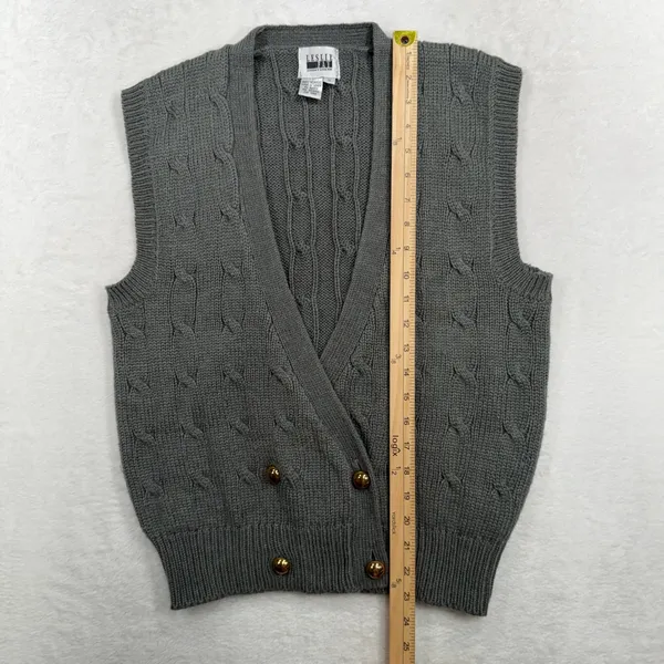 Leslie Fay Vintage 90s Academia S Sweater Vest Gray Cable Knit Double Breasted Preppy Retro - Image 8