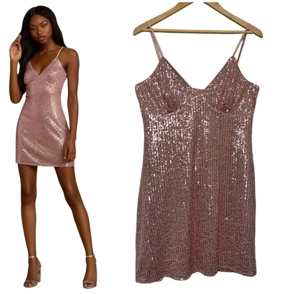 Lulus Party in Style Sequin Sleeveless Mini Lined V Neck Dress Light Pink XL - Image 2