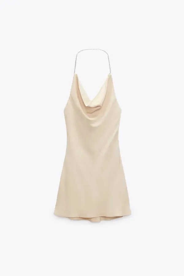 ZARA Satin Like Beige Tan Stones Party Cocktail Wedding Mini Dress - Image 5