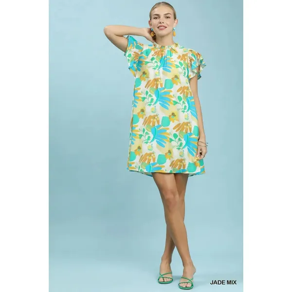 Umgee Ruffled Botanical Print Mini Dress - Jade Mix - Small - Image 4