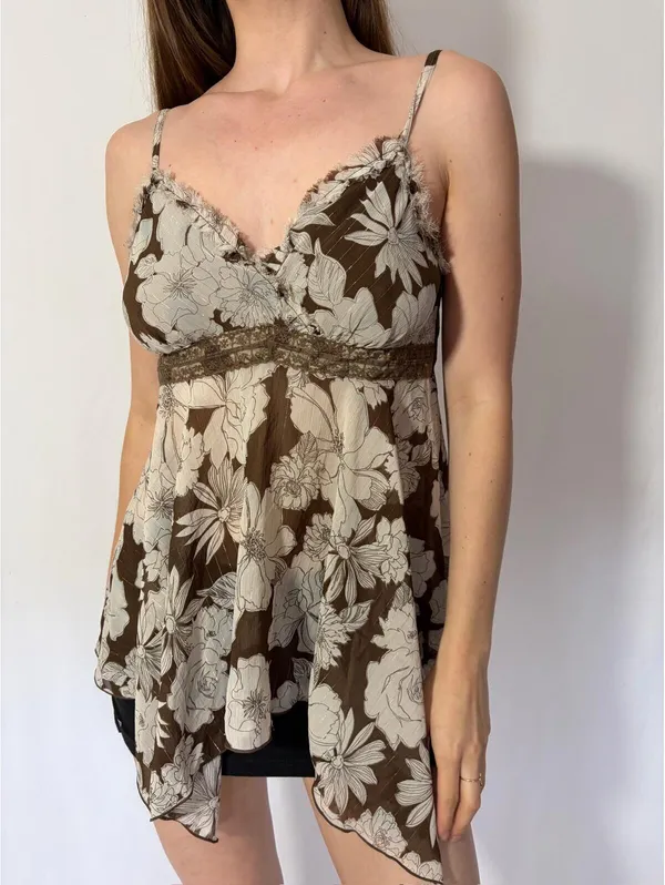 Brown Floral Babydoll Silky Ruffle Y2K Fairy Top - Image 2