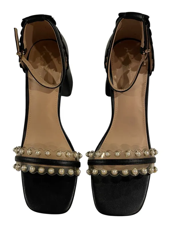 Comfort Sandals Black Faux Leather Pearl Embellished Block Heel Women’s 9W - Image 3