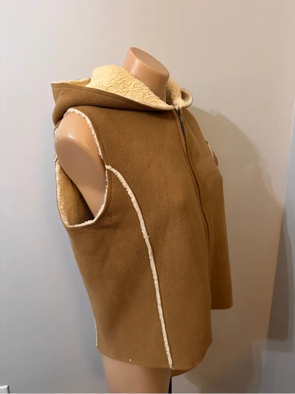 Lauren Ralph Lauren Vest Shearling Sherpa Medium Hood Brown Tan Suede Winter - Image 2