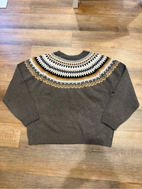 Weatherproof Fair Isle Crewneck Sweater - Gray with Mustard & White - Image 2