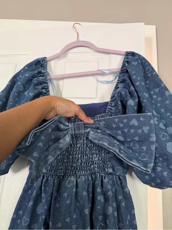 Avec Les Filles Bow Back Puff Sleeve Hearts Denim Mini Dress - Image 8