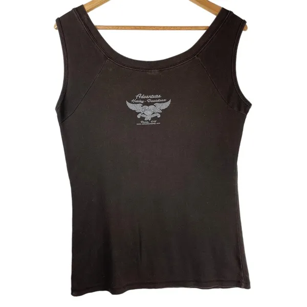 Vtg Y2K Harley Davidson Sleeveless Top Logo Graphic Brown Sz Large - Image 2