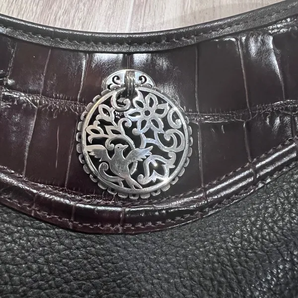 Brighton Black & Brown Leather Handbag Shoulder Bag Croc Trim Heart Charm Medium - Image 8