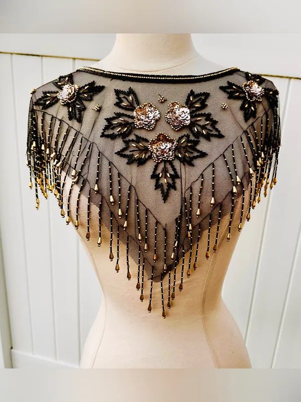 Fina Moda Vintage Beaded Black Mesh Caplet Collar Scarf with Fringe & Sequins - Image 14