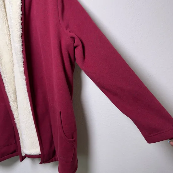 LL Bean Women‎ Cotton Cardigan XL Red Sherpa Lined Open Front Jacket - Image 2