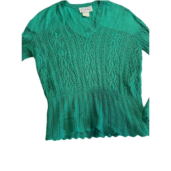 VTG Leslie Fay Sweater Size 10 Green Crochet V Neck Pointelle - Image 6