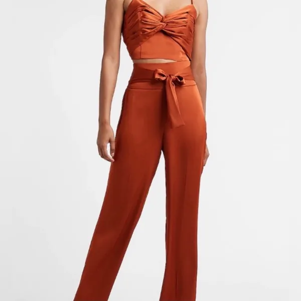 Express Satin High Rise Wide Leg Pant Ruffle Crop Tank Set, NWT, Medium, Black - Image 2