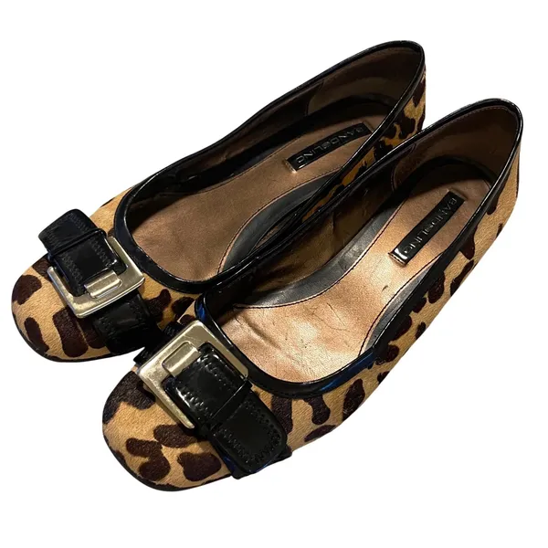 Bandolino Leopard Calf Hair Ballet Flats Womens 9 Brown‎ Buckle Square Toe Wedge - Image 3