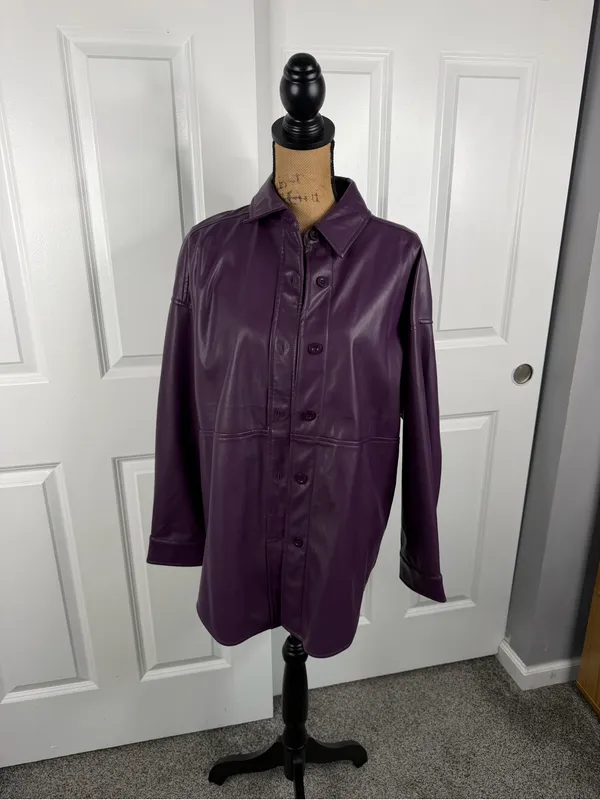 Badgley Mischka Purple Faux Leather Oversized Shirt Jacket Shacket M NWOT - Image 2
