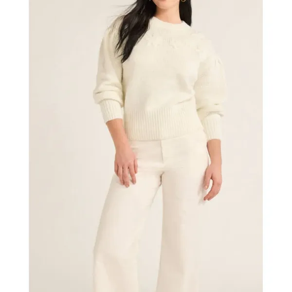 Free Assembly Womens Sweater Size S Cream Floral Embroidered Blouson Sleeve Knit - Image 4