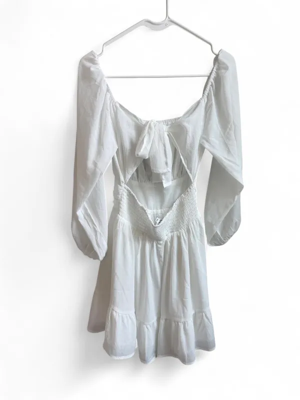 FOROLAV White Chiffon Puff Sleeve Tie-Back Mini Dress - Image 2