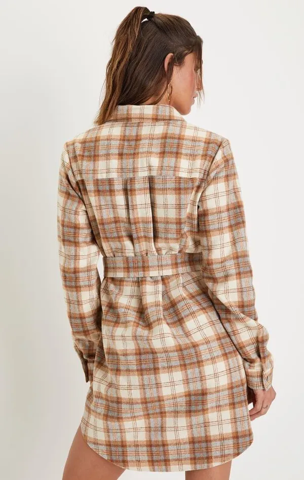Lulus Plaid Behavior Ivory and Brown Plaid Long Sleeve Mini Dress - Image 3