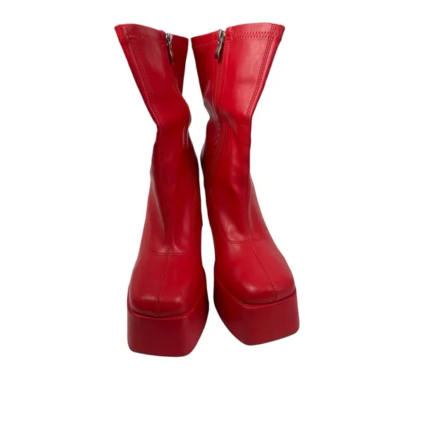 Women's Red Faux Leather Square Toe Platform Flared Heels Ankle Boots Size 9.5 - Image 3