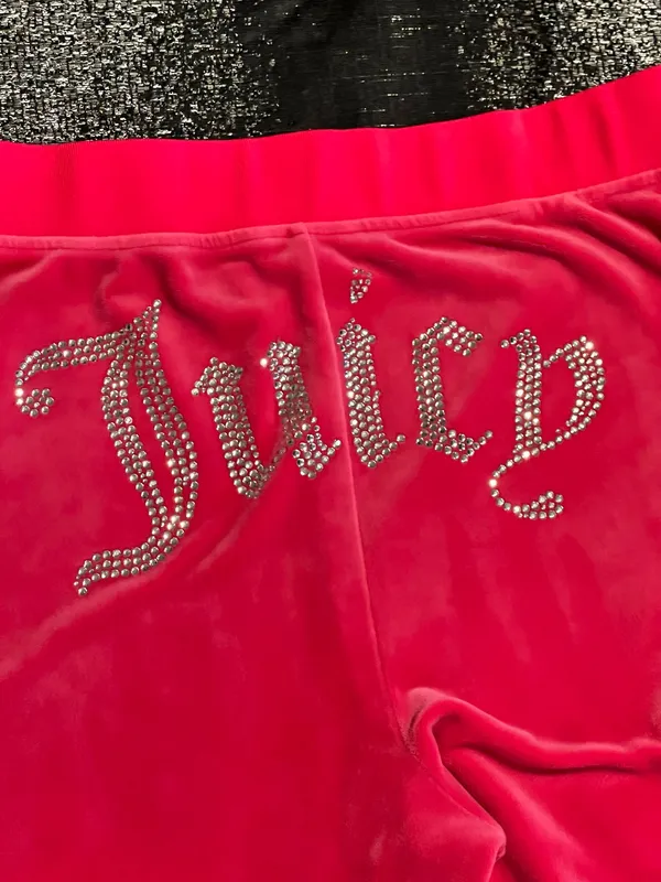 Womens M Y2K Juicy Couture Pink Velour Track Pants Rhinestone Big Bling - Image 5