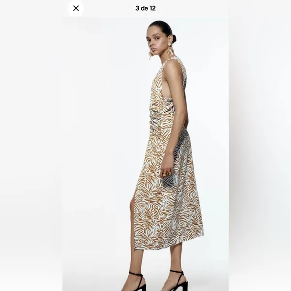 Zara White and Tan Zebra-Print Midi Dress with Side Slit - Image 3