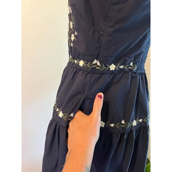 Navy Blue Floral Embroidered Folk Tiered Midi Dress Size Small 100% Cotton - Image 4