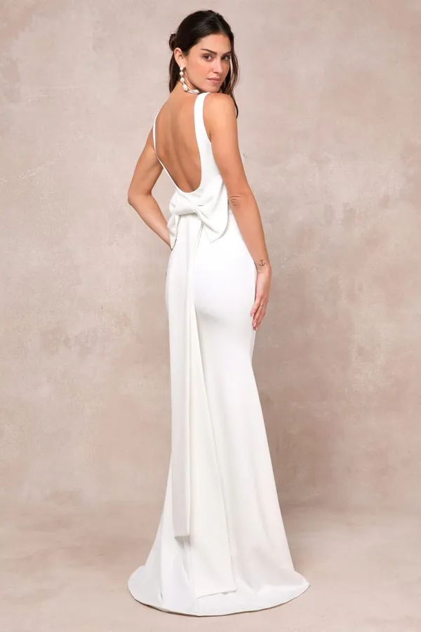 Lulus Loving Fate White Bow Square Neck Backless Maxi Dress Elegant Medium - Image 2