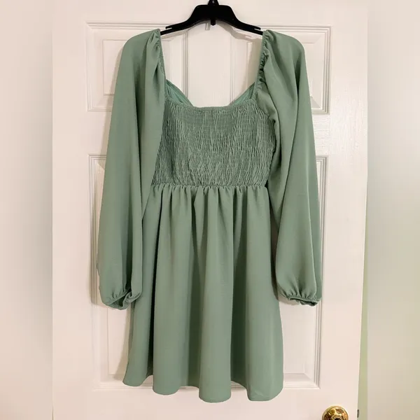 Altar’d State Bennett Babydoll Mini Dress NWT Sage Green Puff Sleeve M - Image 4