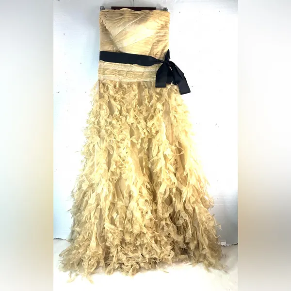 Tadashi Shoji 8 Silk Elegant Ruffle Strapless Formal Maxi Dress in Golden Beige - Image 14