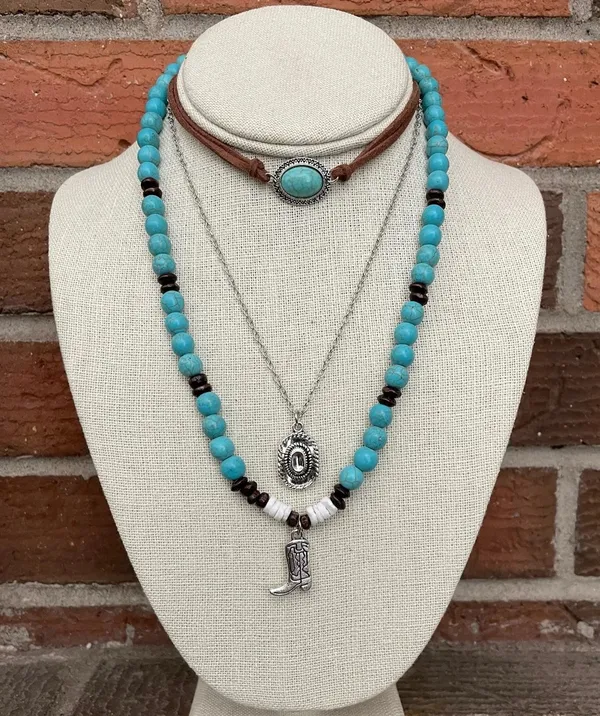 Cowboy Hat and Boot Necklace Set with Turquoise & Wood - Image 2