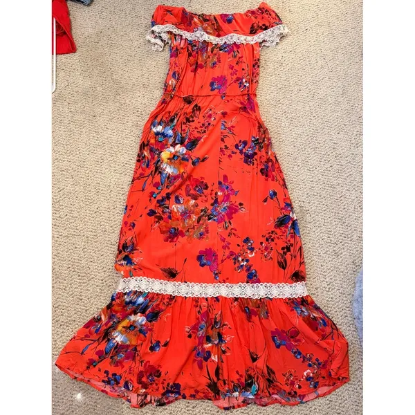 Floral Off Shoulder Maxi Dress Coral Orange Boho Resort Lace Trim Medium Umgee - Image 4