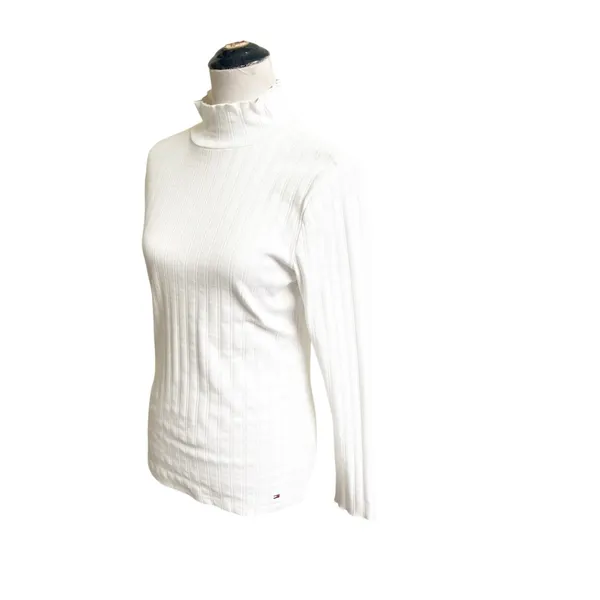Tommy Hilfiger Top Women's Medium White Ribbed Mock Neck Long Sleeve Preppy - Image 5