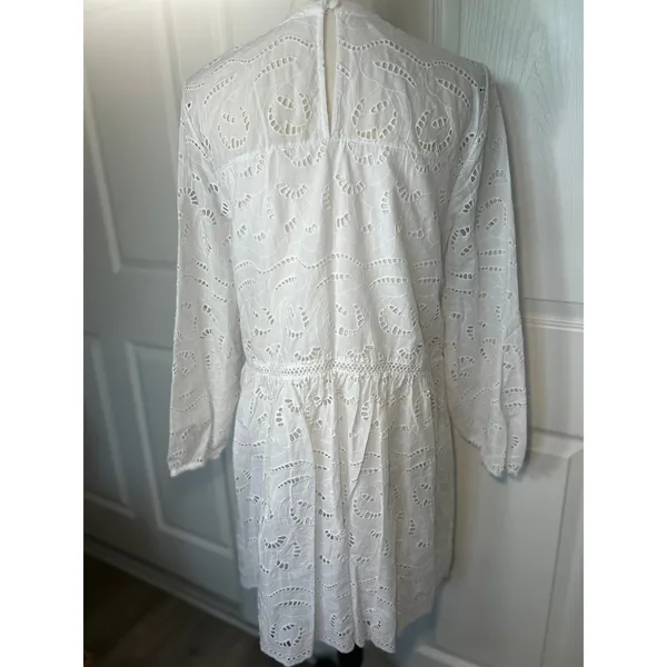 LOFT White Eyelet Cotton Boho Dress Size M Long Sleeve‎ Lined Tiered Fit & Flare - Image 4