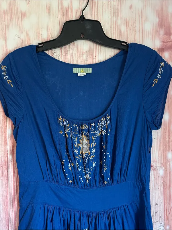 Anthropologie Lil Blue Scoop Neck White Embroidered Cap Sleeve Mini Dress Sz 4 - Image 2
