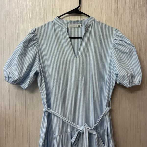Chic Vintage Charm Cottagecore Pinstripe‎ Tiered Tie-Waist Midi Dress M - Image 5
