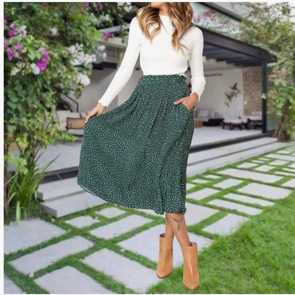 Exlura Women’s High Waist Green White Polka Dot Pleated Midi Swing Skirt Size XL - Image 4
