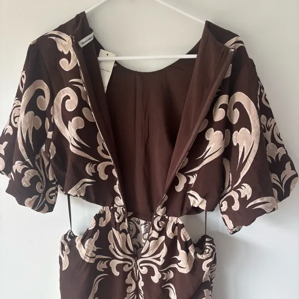 Abercrombie & Fitch Short Puff Sleeve Cutout Maxi Dress Brown Tan Floral Pattern - Image 15
