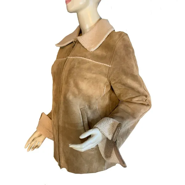 Vintage Y2k Gap Tan Suede And Cream Faux Shearling Lined Jacket (M) - Image 5