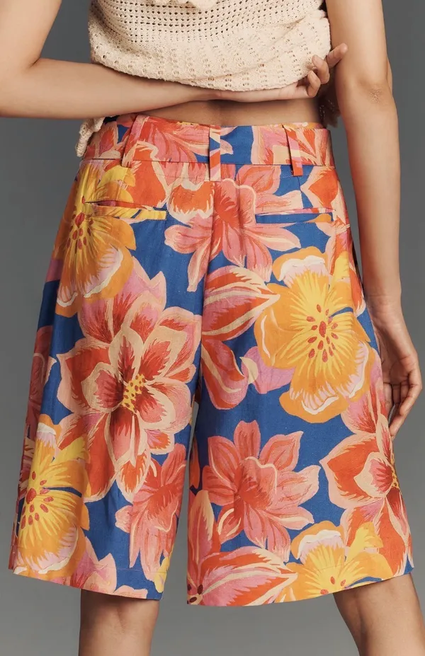 Farm Rio Linen Blend Belted Floral Bermuda Shorts, Size XS - Image 4