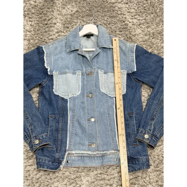 RD Style Womens Size XS Patchwork Denim Jacket Two Tone Blue Raw Hem Distressed - Image 11