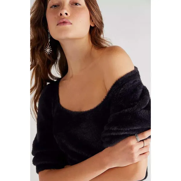 FREE PEOPLE Moonbeam Pullover Black Fuzzy Sweater 3/4 Sleeves Solid Scoop Small - Image 5
