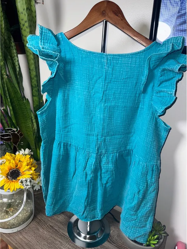 Zenana Gauze Acid Wash Ruffle Sleeve Top in Lt. Teal - Image 2
