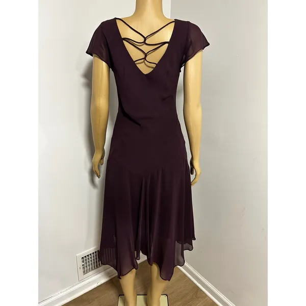 Y2K Vintage SL FASHIONS Plum Purple Beaded Floral Handkerchief Hem Midi Dress - Image 7