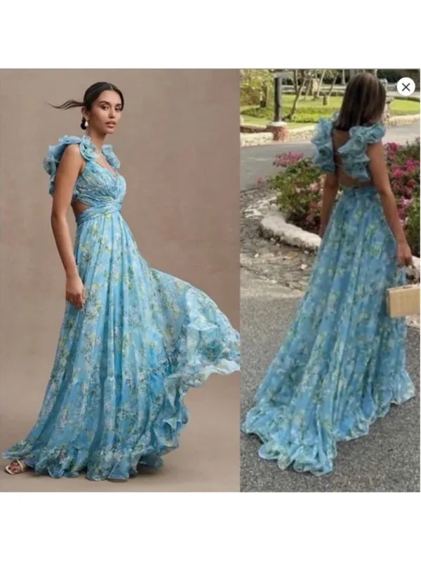 Mac Duggal Blue Ruffle Tiered Floral Cut-Out Chiffon Gown 6 Fairy Whimsy Formal - Image 3