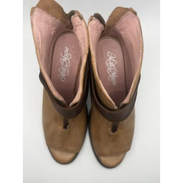 Miss Macie Tan Leather Open Toe Ankle Booties Brown Strap Block Heel 3" Boots 8M - Image 2