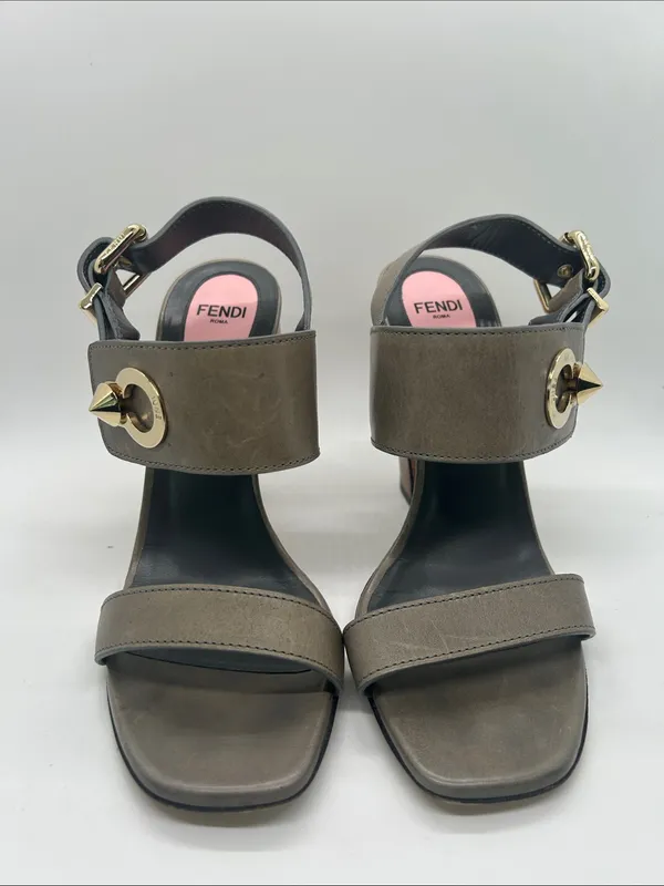 Fendi Auth Taupe Leather Block Heel Slingback Sandals Shoes **Size 37/US 7**🔥🔥 - Image 3