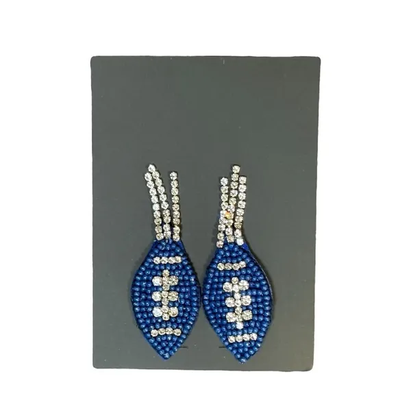 Football Earrings Womens‎ OS Blue Beaded Rhinestone Gameday Tailgate Sparkly - Image 2