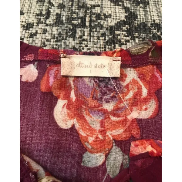 Altard State Burgundy Floral Ruffle Lace Sleeve Tunic‎ Dress Size L - Image 4