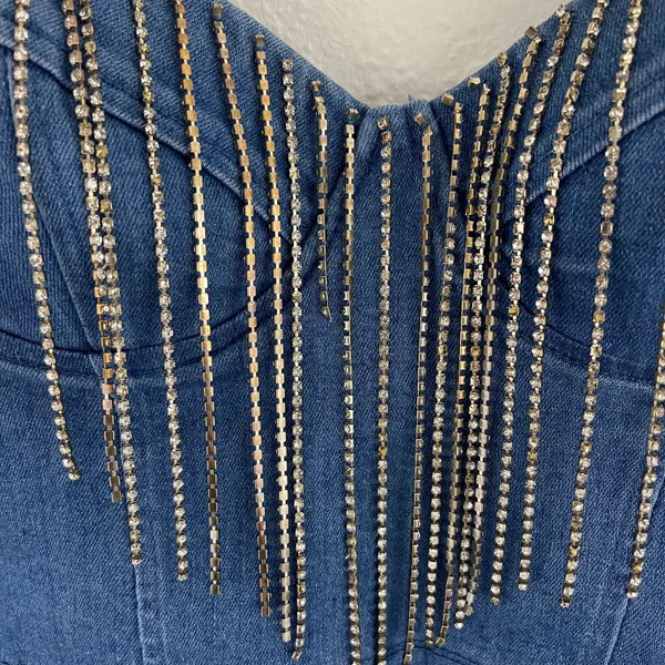 Haute Monde Y2K Vibes Blue Denim Cowgirl Western Rhinestone Fringe Crop Bustier Tank Top - Image 5