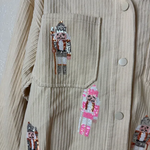 Peach Love Sequin Nutcracker Corduroy Shacket NWT Size S - Image 3