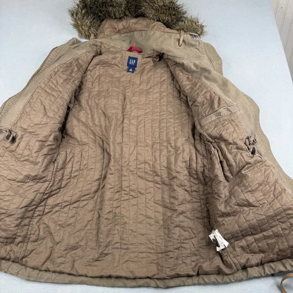 Y2K GAP Utility Parka Jacket Faux Fur Hood Tan Khaki Women’s Small - Image 5